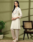 Solid Straight Rayon Slub Co-ord Set with Mirror Embroidery & Jacquard Detail