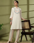 Solid Straight Rayon Slub Co-ord Set with Mirror Embroidery & Jacquard Detail