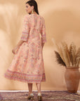 Floral Printed Poly Muslin Flared Dress with Sequin Work