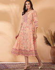 Floral Printed Poly Muslin Flared Dress with Sequin Work
