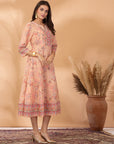 Floral Printed Poly Muslin Flared Dress with Sequin Work