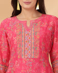 Floral Printed Poly Muslin Flared Dress with Sequin Work