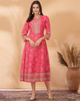 Floral Printed Poly Muslin Flared Dress with Sequin Work