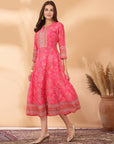 Floral Printed Poly Muslin Flared Dress with Sequin Work