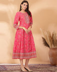 Floral Printed Poly Muslin Flared Dress with Sequin Work