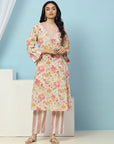 Floral Printed Straight Cotton Kurta with Tassel Detail & Printed Palazzo