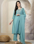 Geometric Foil Printed Poly Viscose Kurta Set with Palazzo & Dupatta