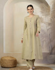 Solid A-Line Cotton Linen Kurta Set with Embroidered Details