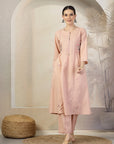 Solid A-Line Cotton Linen Kurta Set with Embroidered Details