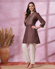 Ajrak Printed A-Line Poly Muslin Kurti with Sewroskie Work