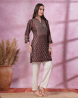 Ajrak Printed A-Line Poly Muslin Kurti with Sewroskie Work