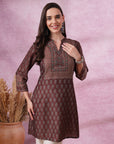 Ajrak Printed A-Line Poly Muslin Kurti with Sewroskie Work