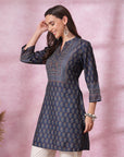 Ajrak Printed A-Line Poly Muslin Kurti with Sewroskie Work