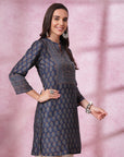 Ajrak Printed A-Line Poly Muslin Kurti with Sewroskie Work