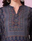 Ajrak Printed A-Line Poly Muslin Kurti with Sewroskie Work