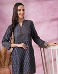 Ajrak Printed A-Line Poly Muslin Kurti with Sewroskie Work
