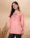 Rayon Tie-Up Neck Tunic with Embroidered Yoke & Smocked Sleeves