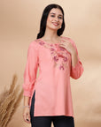 Rayon Tie-Up Neck Tunic with Embroidered Yoke & Smocked Sleeves