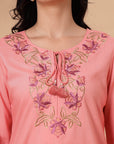 Rayon Tie-Up Neck Tunic with Embroidered Yoke & Smocked Sleeves