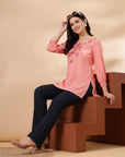 Rayon Tie-Up Neck Tunic with Embroidered Yoke & Smocked Sleeves