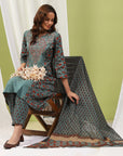 Floral Printed A-Line Cotton Kurta Set with Embroidery & Cotton Dupatta
