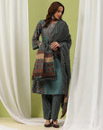 Floral Printed A-Line Cotton Kurta Set with Embroidery & Cotton Dupatta