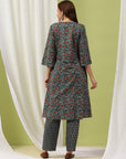 Floral Printed A-Line Cotton Kurta Set with Embroidery & Cotton Dupatta
