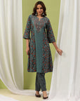 Floral Printed A-Line Cotton Kurta Set with Embroidery & Cotton Dupatta
