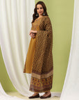 Floral Printed A-Line Cotton Kurta Set with Embroidery & Cotton Dupatta