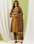 Floral Printed A-Line Cotton Kurta Set with Embroidery & Cotton Dupatta