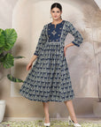 Ethnic Motif Printed Cotton Cambric Flared Midi Dress