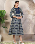 Ethnic Motif Printed Cotton Cambric Flared Midi Dress