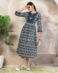 Ethnic Motif Printed Cotton Cambric Flared Midi Dress