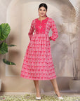 Ethnic Motif Printed Cotton Cambric Flared Midi Dress