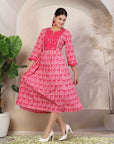 Ethnic Motif Printed Cotton Cambric Flared Midi Dress