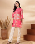 Floral Crepe Straight-Fit Tunic with Mandarin Collar & Elasticated Sleeves