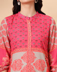 Floral Crepe Straight-Fit Tunic with Mandarin Collar & Elasticated Sleeves