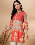 Patch Printed Straight Crepe Kurti with Mandarin Collar