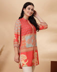 Patch Printed Straight Crepe Kurti with Mandarin Collar