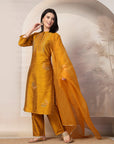 Solid Embroidered Straight Silk Kurta Set with Dupatta for Women
