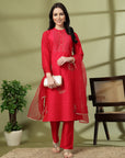 Solid Embroidered Straight Silk Kurta Set with Dupatta for Women