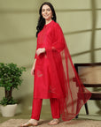 Solid Embroidered Straight Silk Kurta Set with Dupatta for Women