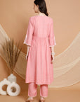 V-Neck Flared Kurta Set in Cotton Blend with Embroidered Yoke & Chiffon Dupatta