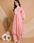 V-Neck Flared Kurta Set in Cotton Blend with Embroidered Yoke & Chiffon Dupatta
