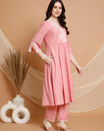 V-Neck Flared Kurta Set in Cotton Blend with Embroidered Yoke & Chiffon Dupatta