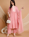 V-Neck Flared Kurta Set in Cotton Blend with Embroidered Yoke & Chiffon Dupatta