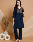 Embroidered Nylon Viscose Kurta Set with V-Neck & Pocketed Palazzo