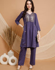 Embroidered Nylon Viscose Kurta Set with V-Neck & Pocketed Palazzo