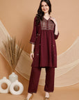 Embroidered Nylon Viscose Kurta Set with V-Neck & Pocketed Palazzo