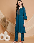 Solid Poly Viscose Kurta Set with Zari Embroidery